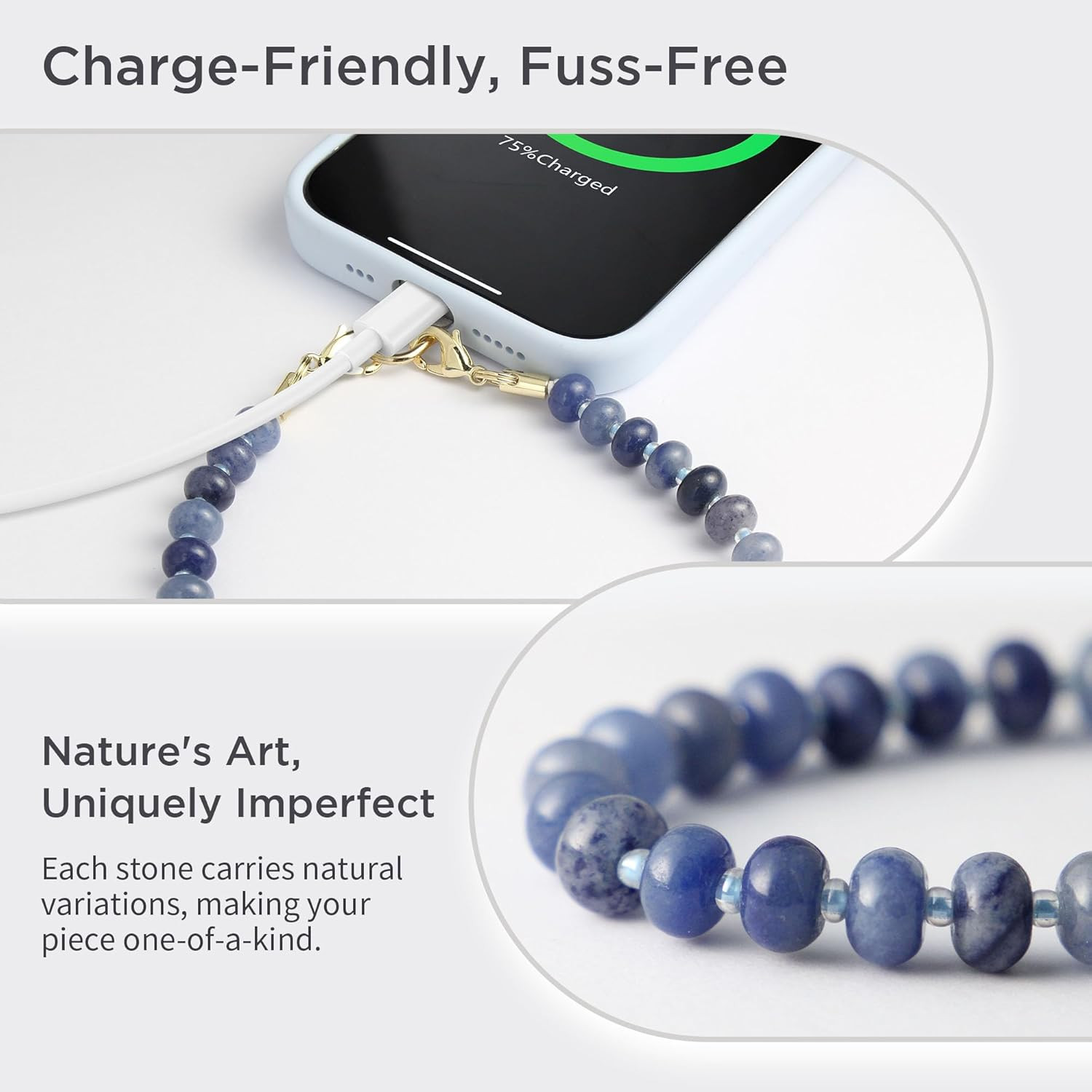 Natural Stone Phone Charm, Beaded Healing Phone Wrist Strap, Handmade Cellphone 