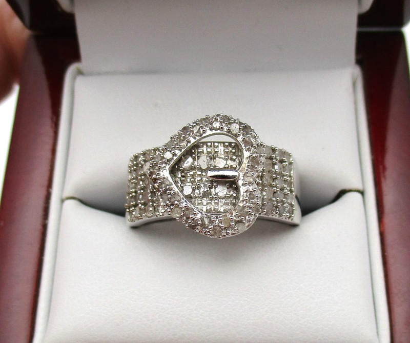 Sterling Silver 64 Diamond Heart Buckle Ring Size 10 [R340]