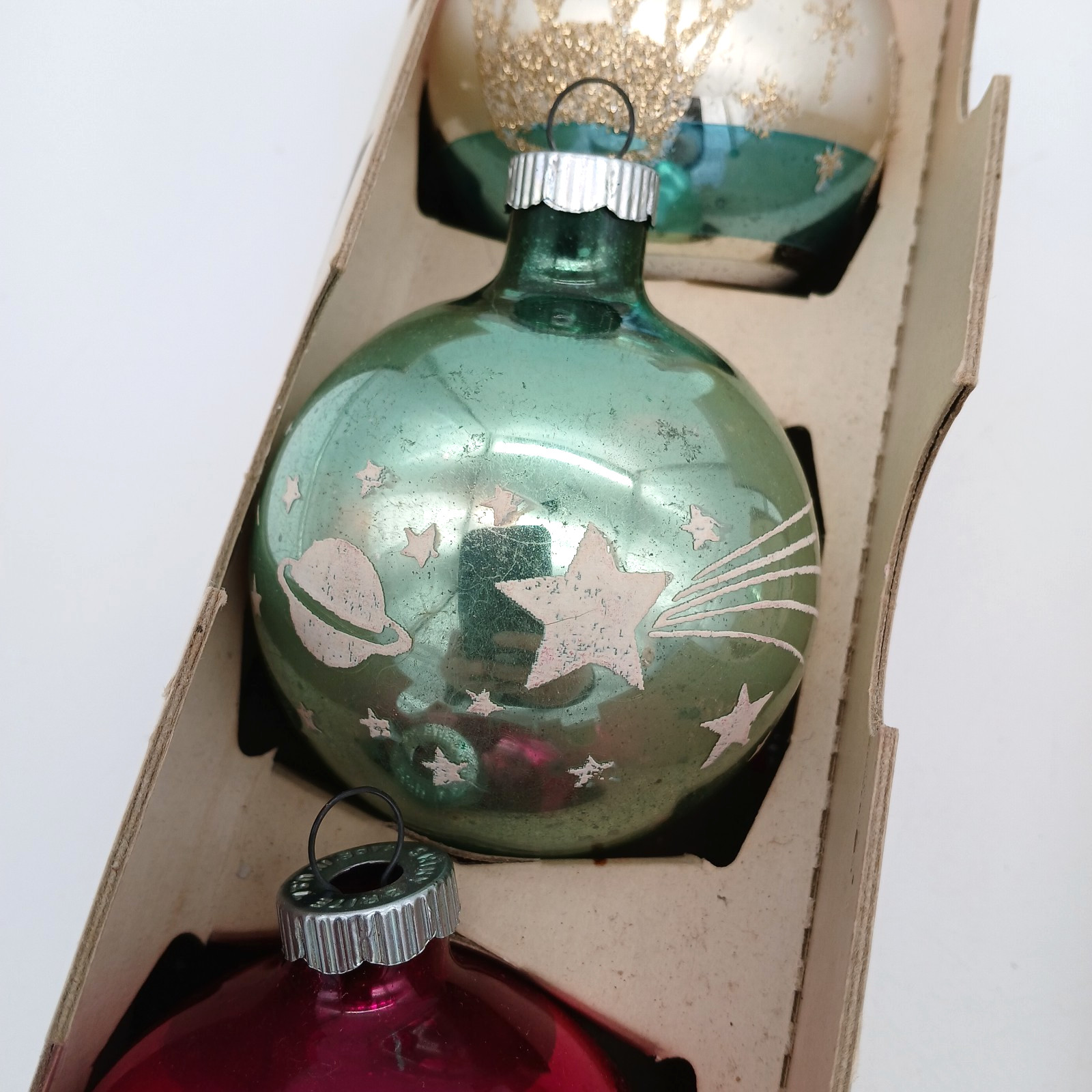 10 Vintage SHINY BRITE Glitter Mica Christmas Ornaments 2 5/8" Original Box