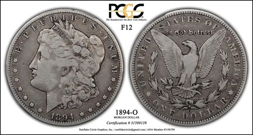 1894-O Morgan Silver Dollar PCGS F12 Fine Nice Circulation Toning Better Date