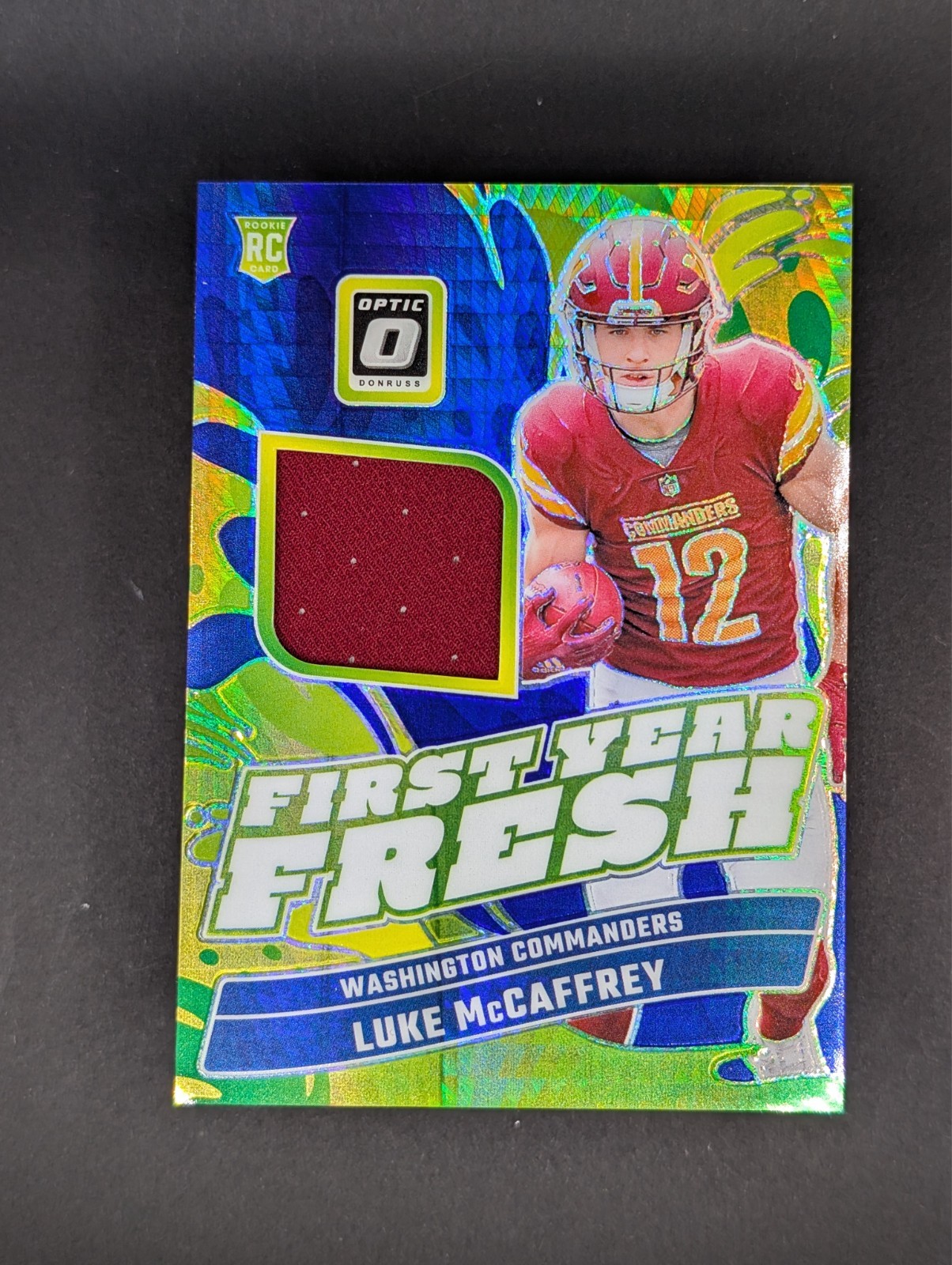 Luke McCaffrey Panini Donruss Optic First Year Fresh Relic #FYFLMC Blue Hyper