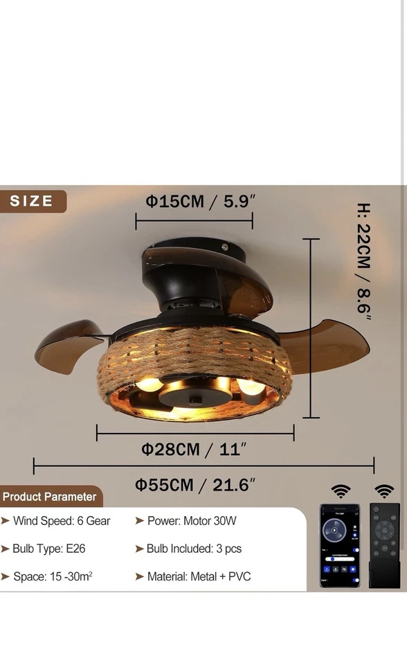 21.6'' Retractable Ceiling Fans with Lights Boho Caged Farmhouse Ceiling Fan - Image 2 of 4