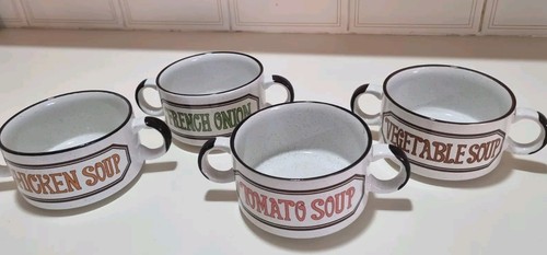 Retro Vintage Soup Mugs Bowls x 4 Chicken, Vegetable, Tomato & French Onion - Picture 2 of 12