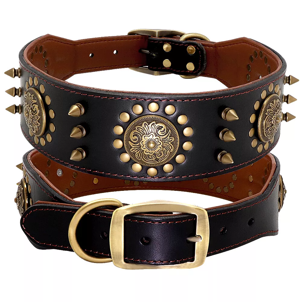 Luxury Genuine Leather Studded Dog Collars for Medium Large Breed Boxer Doberman