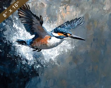 Belted Kingfisher diving oil painting 8x10 Print