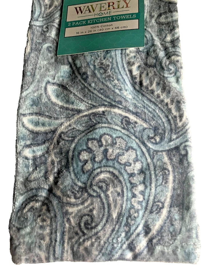 Juego de 2 toallas de cocina Waverly cachemira azul gris felpa primavera verano Foto 4 de 4