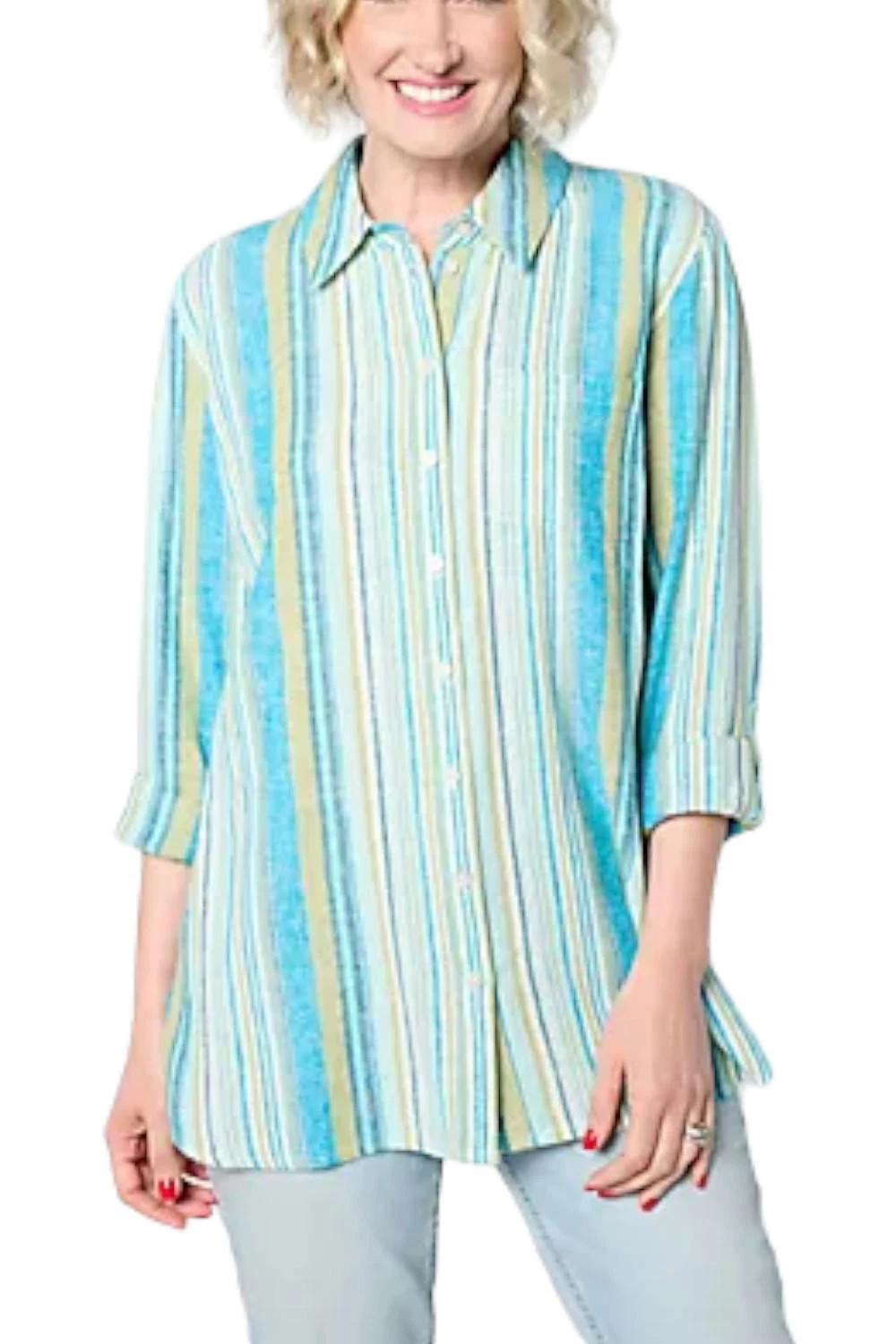 Denim & Co. Naturals Linen Blend Button-Front Tunic Deep Lagoon Stripe