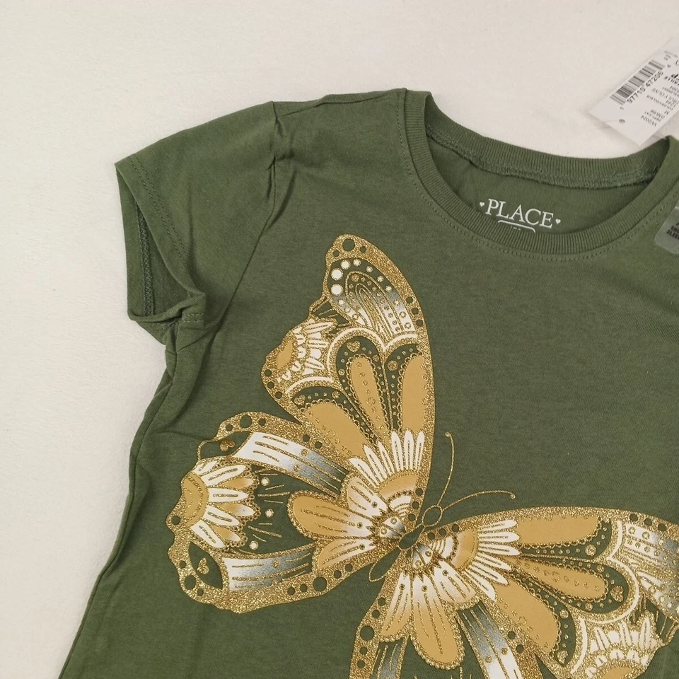 NWT THE CHILDREN'S PLACE Girls Butterly Print Glitter T-shirt Olive 100% Cotton - Image 2 of 4