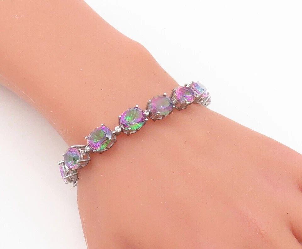 925 Sterling Silver Vintage Bracelet Round Cut Linked Mystic Topaz  BT10743 - Image 3 of 4