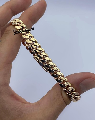 VVS Moissanite Men's 10mm x 8" Cuban Link Bracelet 14k Yellow Gold Plated Silver - Picture 4 of 6