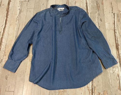 Tommy Hilfiger Woman's Size 22 Top Denim V-Neck Y2K Pintuck Gather Long-Sleeve - Picture 2 of 11