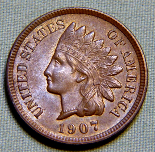 1907 Indian Head Penny Cent - AU / UNC Full Liberty With 4 Diamonds # 1356
