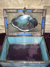 Vintage Slag Stained Glass Trinket Jewelry Box Blue Design Keepsake 5.75" x 3.50