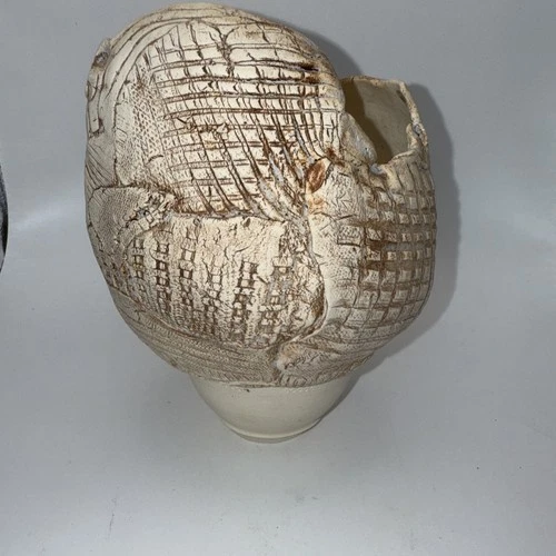 Vtg Unique Textured Art Pottery Vessel Vase Ash Glaze Signed 7”Hx5”W