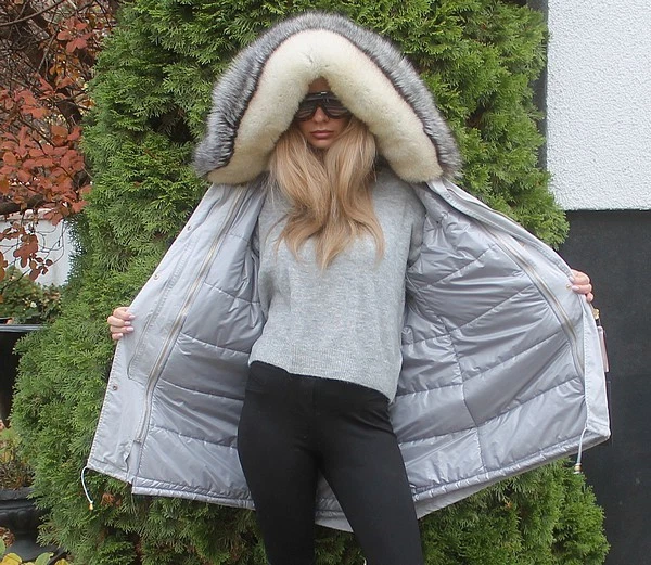 100% Real Ranch Arctic Fox Fur Parka Hood Coat Outwear Fashion Grey S - Image 3 of 4