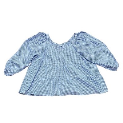 Old Navy Blouse Blue Gingham Tiered Peasant Cottage Puff Sleeve Top Women's 3X