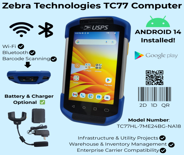 Zebra TC77 TC77HL Android 14 Scanner 4GB/32GB Barcode TC77HL-7ME24BG ...