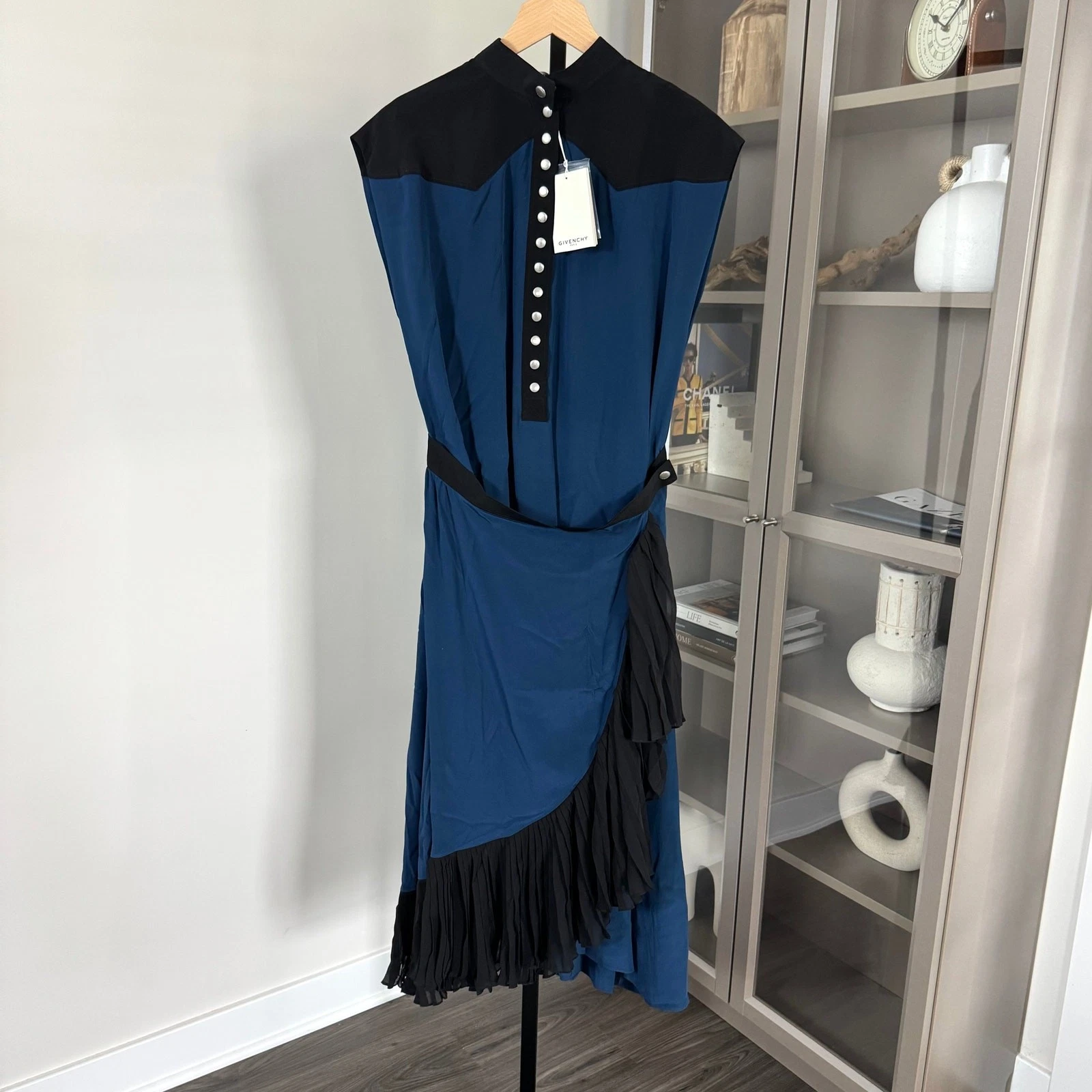 Givenchy — Givenchy Silk Wrap Midi Dress NEW Color Block Blue Black Pleated Ruffle 40 Small