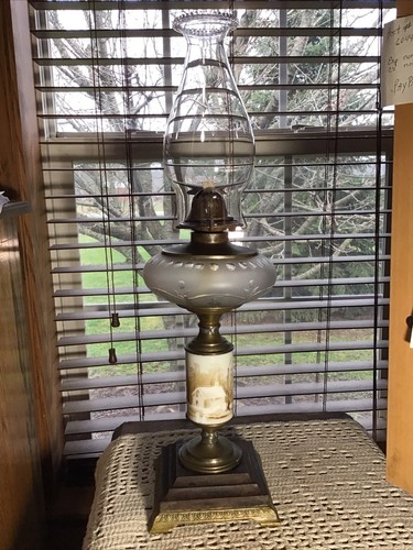 Heavy 22” Antique 1876 Brass And Glass Composite Farm Scene Oil Lamp With Wick