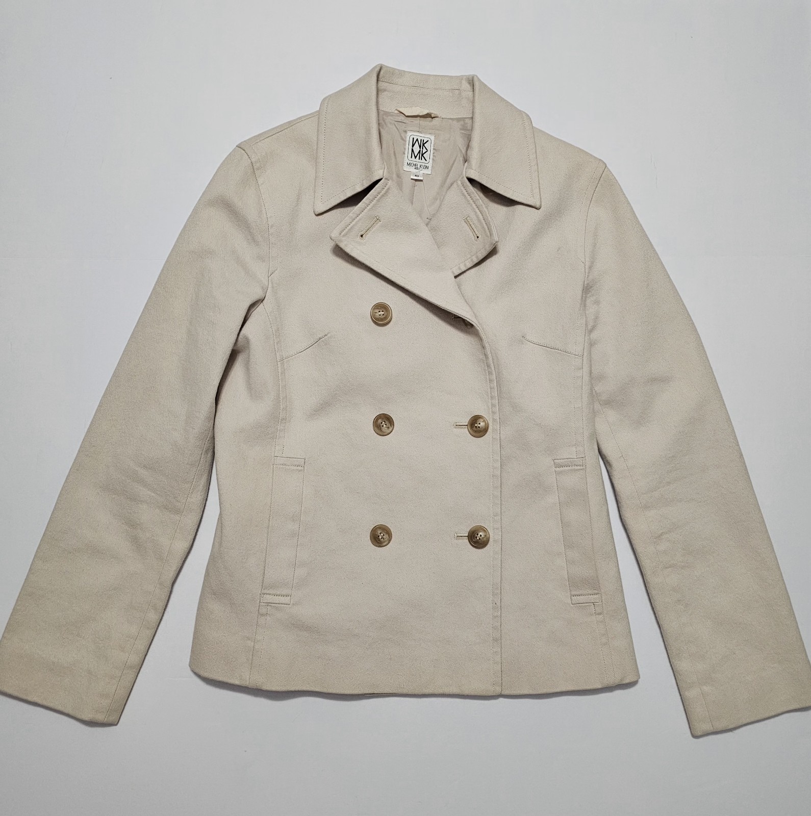 Michel Klein Paris Double Breasted Wool Blend Peacoat Coat Medium Beige