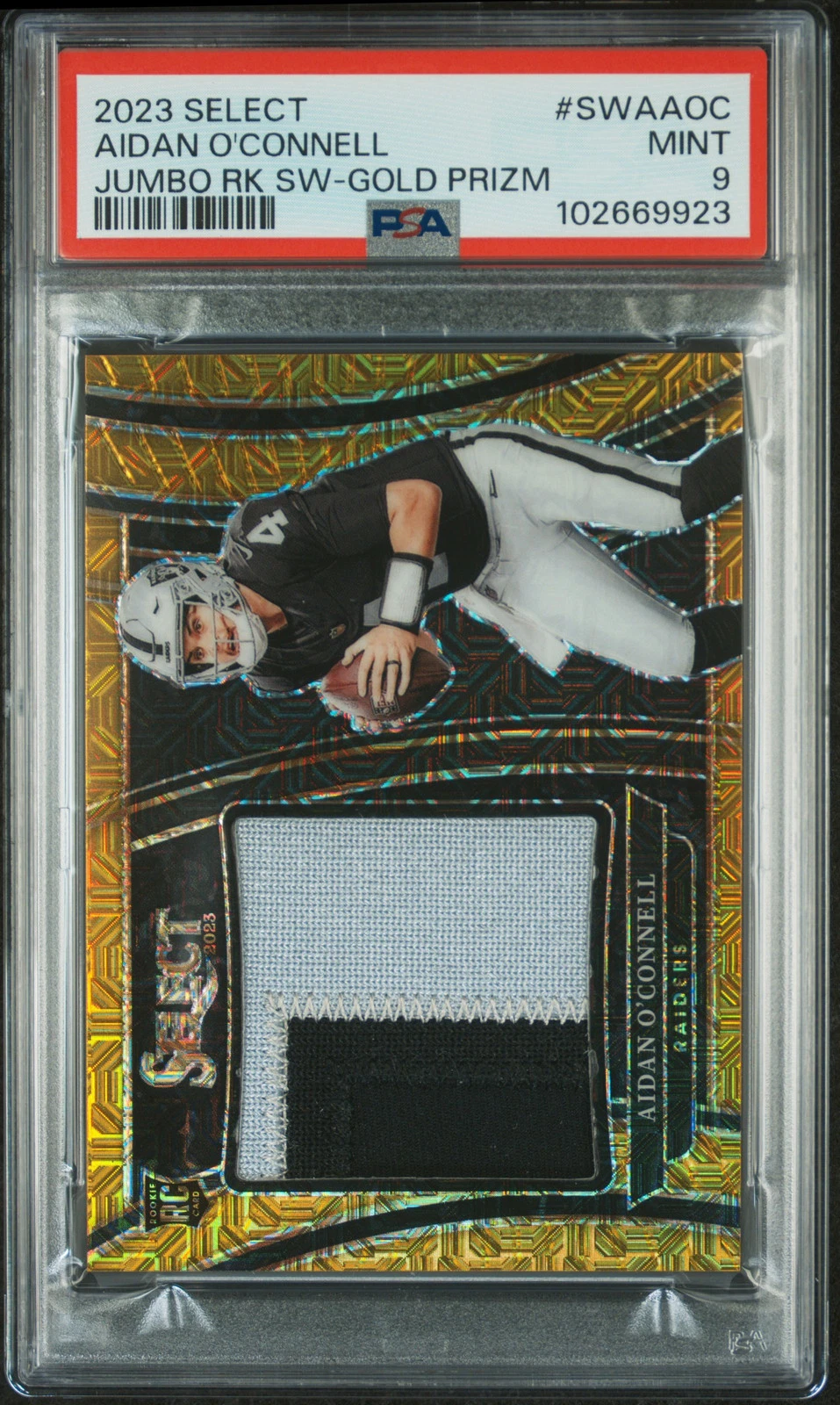 Aidan O'Connell Panini Select Jumbo Rookie Swatches #SWAAOC Gold Prizm