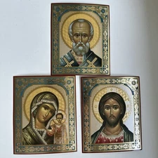 Christ Mary St Nicholas Icons Lithography Russian Orthodox Icons 12 x 10cm