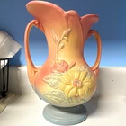 Hull Art Pottery Double Handle Floral Vase USA-8 1/2 Pink Beige Blue