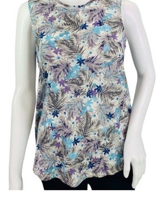J Jill Love Linen Sz MP Sleeveless Cioral Blue Floral Top Coastal Cruise Casual