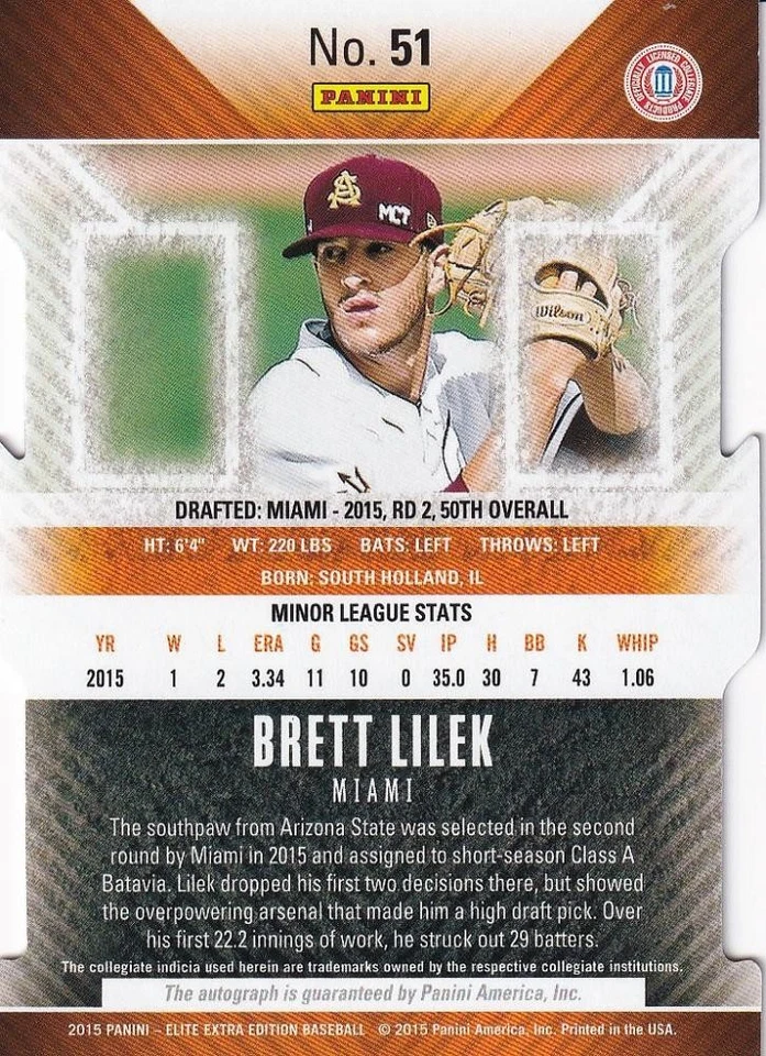 2015 Panini Elite Extra Edition Brett Lilek Prospect Auto Blue /50 - Image 2 of 2