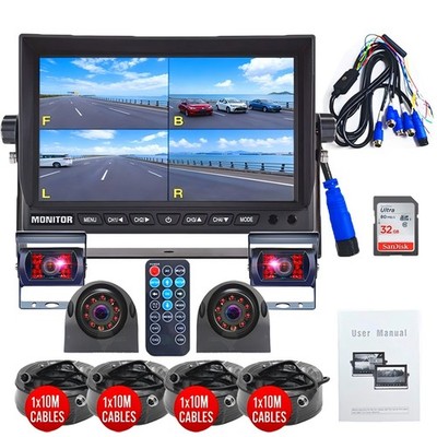 9'' Split Screen DVR Monitor AHD 1080P Color 4PIN Rear View Camera 32GB For Truck