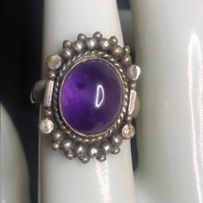 8650 Vintage Sterling Silver Amethyst Cabochon Statement Ring Size 7.5 6.4gram