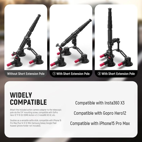 Triple Suction Cup Car Mount Kit with 2In1 Extension Pole/Selfie Stick, Quick Re - 第 2/8 張圖片