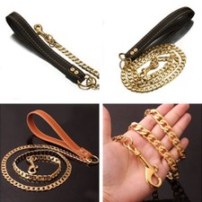 4ft Leather Pet Dog Leash Lead 18K Gold Copper Curb Chain For Walking Running