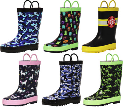 Kids Waterproof Rubber Rain Boots Toddler Big Boy Girl Durable Easy Pull Handles