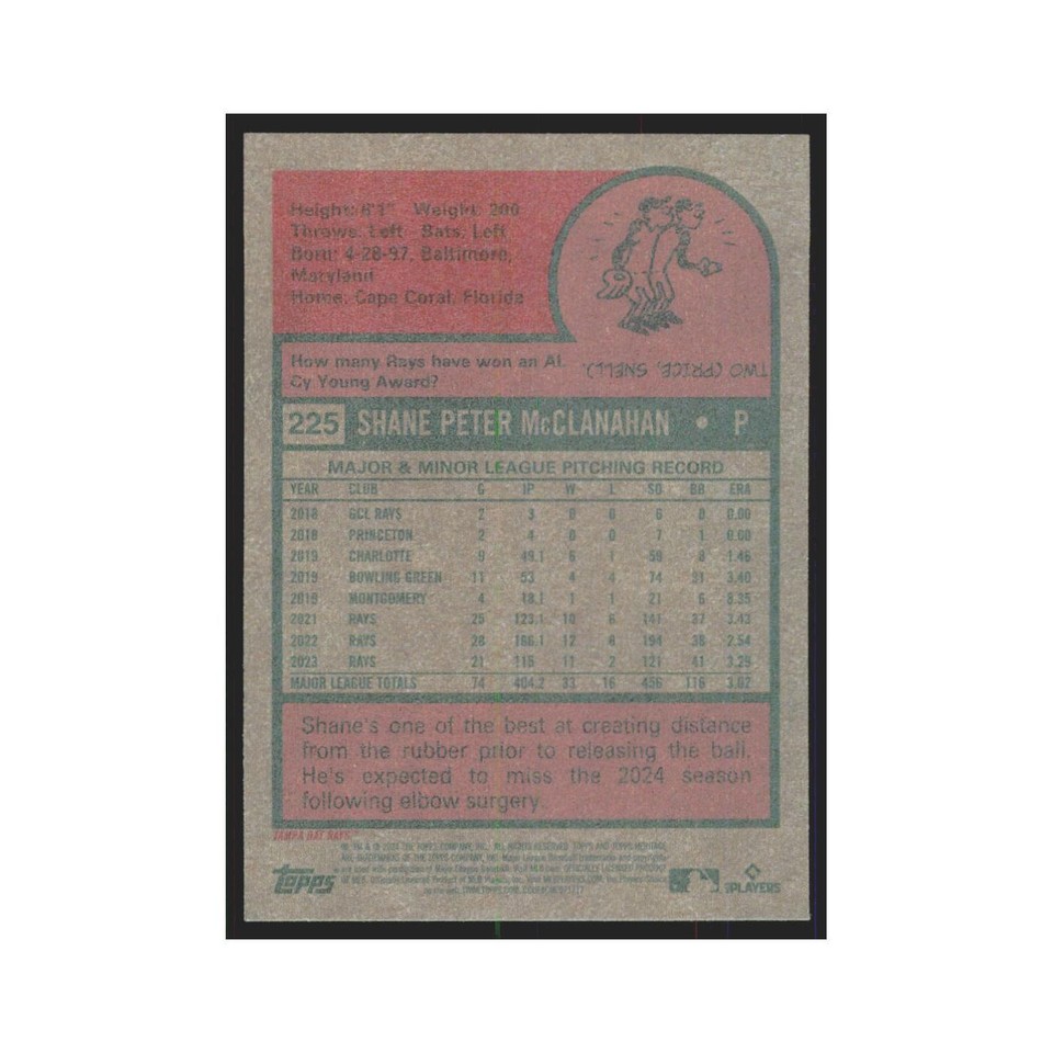 Shane McClanahan 2024 Topps Heritage 225 Tampa Bay Rays Baseball Card