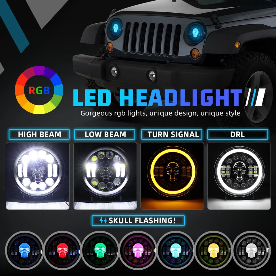 Par de faros LED de 7 pulgadas Halo DRL Skull 7" para camioneta Dodge B100 B150 B200 B300 Foto 2 de 4