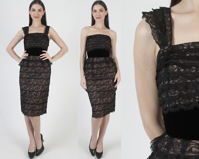 Vintage 50s Black Lace Illusion Dress Pin Up Convertible Slim Mid Century  Pencil | eBay