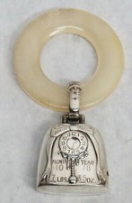 VINTAGE STERLING SILVER WEB BIRTH RECORD BABY RATTLE WITH TEETHING RING