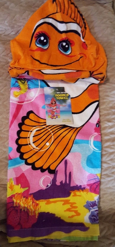 Nuevo Niños Divertido Pescado Capucha Toalla de Playa Dibujos Animados 24" x 48" Niños 100% Algodón Foto 2 de 4