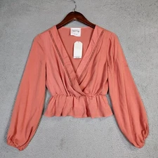 Sadie & Sage Top Women XS Rose Faux Wrap Long Sleeve Peplum Crop Blouse Boho NWT