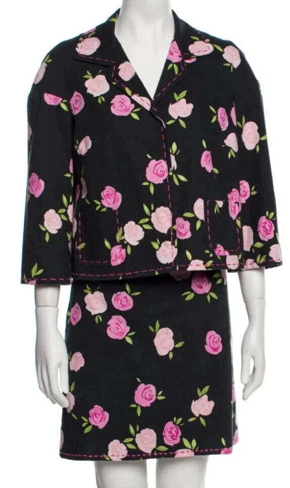 MOSCHINO BLACK ROSE BUD ROSA foderato 2 pezzi giacca gonna tuta FODERATA USA 10 12
