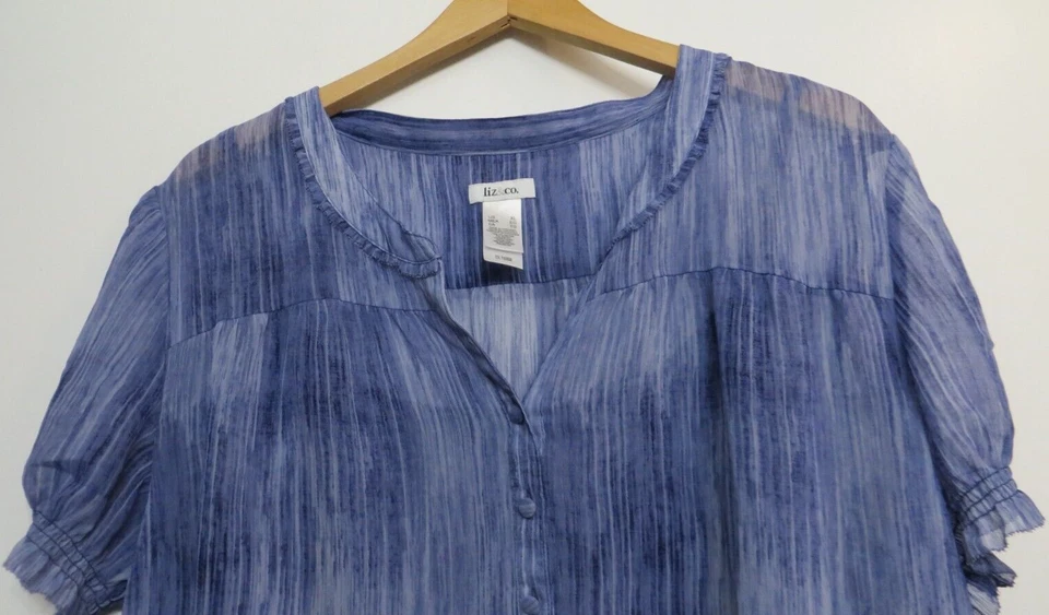 Liz & Co. Camisa Mujer XL Azul Manga Corta Blusa Capa Look Ligera Top Foto 2 de 4