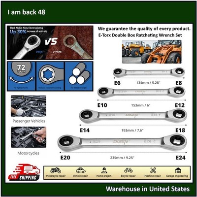 E-Torx Double Box Ratcheting Wrench Set Dual Head E6-E24 Repair Hand Tools 4 PSC