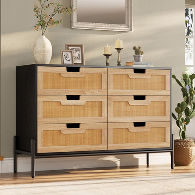 Boho Rattan 6-Drawer Dresser with Metal Handles - Modern Black Chest for  Any Roo | eBay