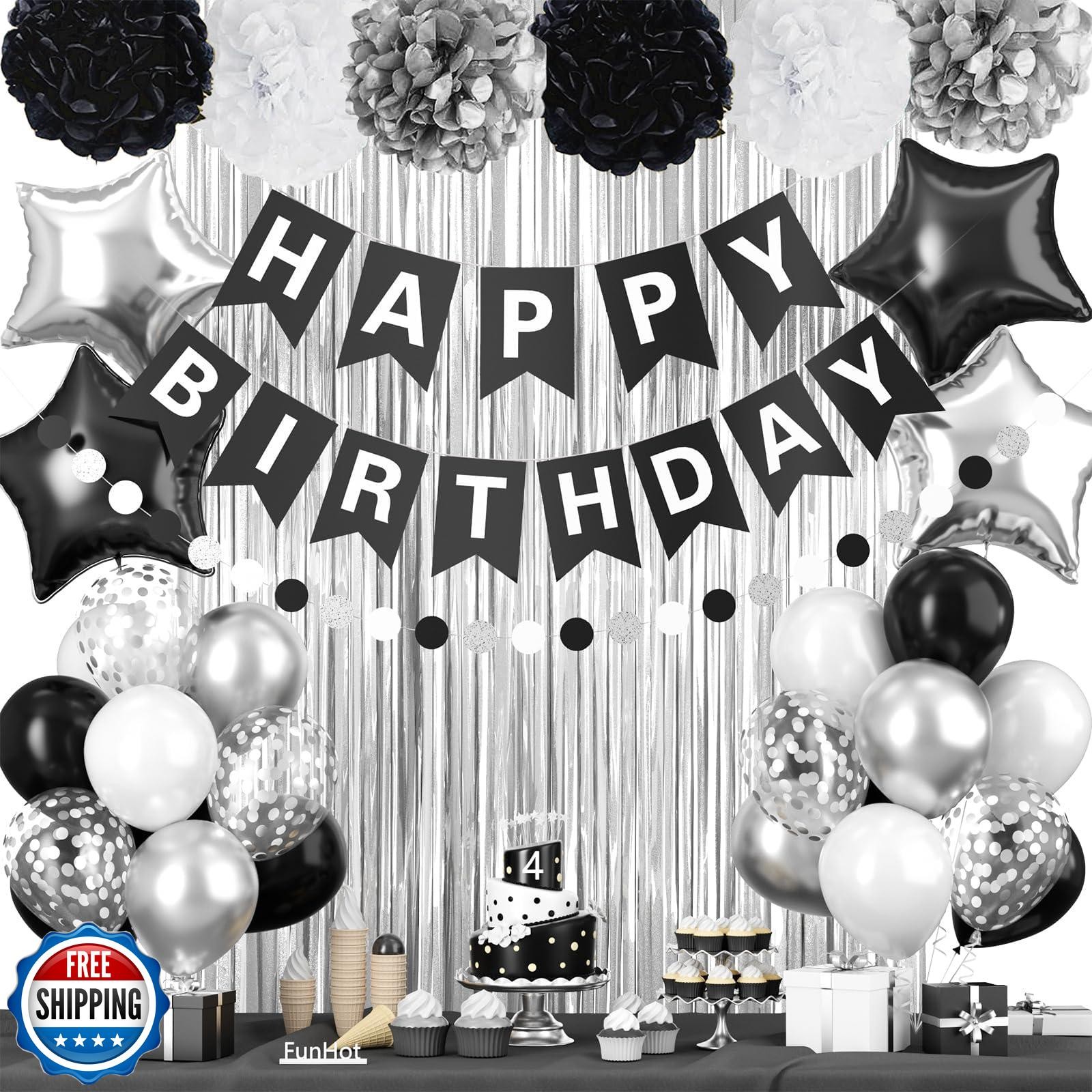 Black White Silver Birthday Decorations for Men Boys Party With Confetti Ball  