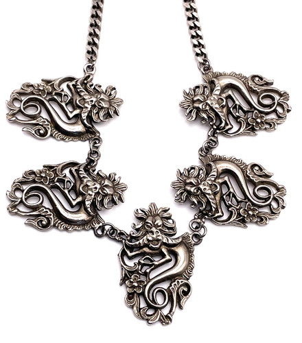 Silver Tone Five Dragon Pendant Necklace – Fantasy Statement, 16”