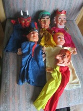 6 Vintage Handpuppen König-Gretel-Wachmann-Teufel-Kasperle-Hexe