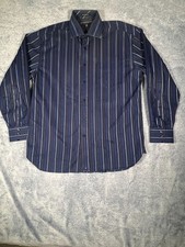 Tommy Hilfiger 80's 2 Ply Fabric Dress Shirt Men's L Blue w/ Blue/Brown Stripes