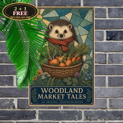 Woodland Character Vegetable Basket Storybook Tin Sign Vintage Metal Decor 8x12