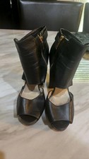 Michael Kors Black Leather Peep-Toe Ankle Boots with Gold MK Logo Harness